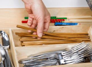 Organizing forks and spoons.