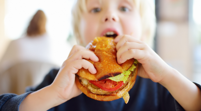 A boy eating a cheeseburger