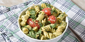 A pasta salad in a bowl.