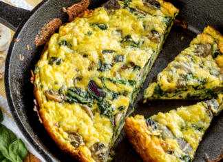 A Frittata in a cast iron pan.