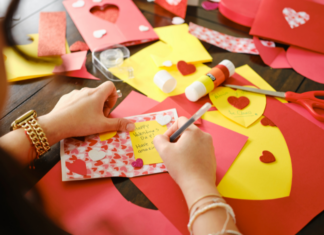 Making Valentine's Day cards.