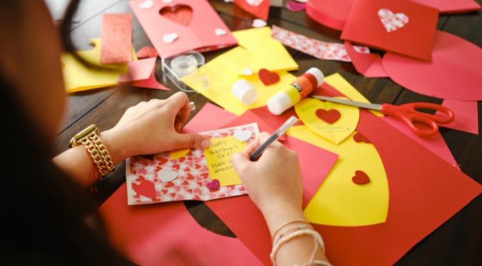 Making Valentine's Day cards.