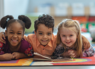 Children reading foreign language books.