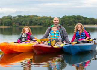 A family having fun on the lake.