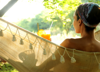 A woman in a hammock.