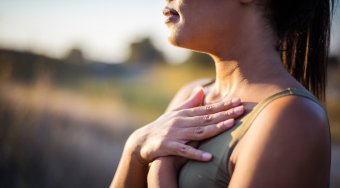 A woman breathing.
