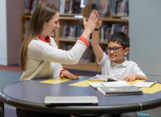 A tutoring session at the library.