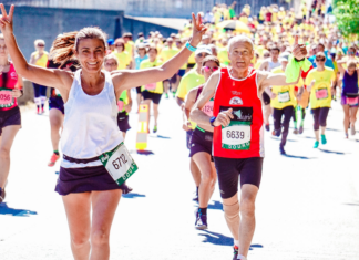 People running a marathon.
