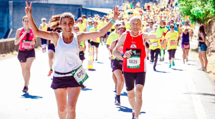 People running a marathon.