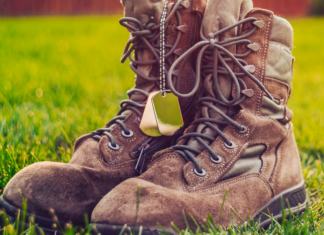 Boots and dog tags to remember the veterans.