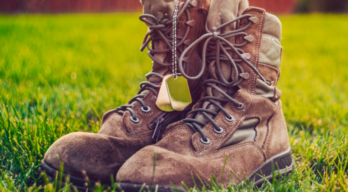 Boots and dog tags to remember the veterans.