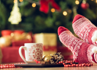 Surviving the Holidays {Christmahannukwanzadan} Relaxing with your feet up in front of the Christmas tree.
