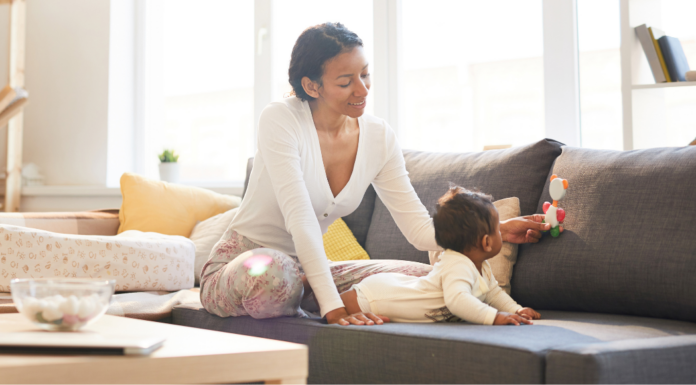 A mom with her son on maternity leave.