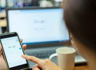 A woman searching on Google.