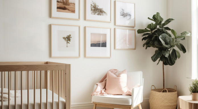 A baby's nursery with art work.