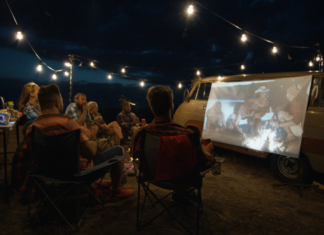 An outdoor movie set up.