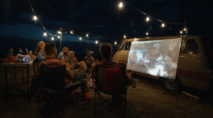 An outdoor movie set up.