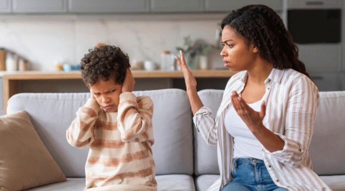 A boy not listening to his mother.