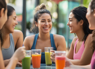 Summer friends drinking juice.