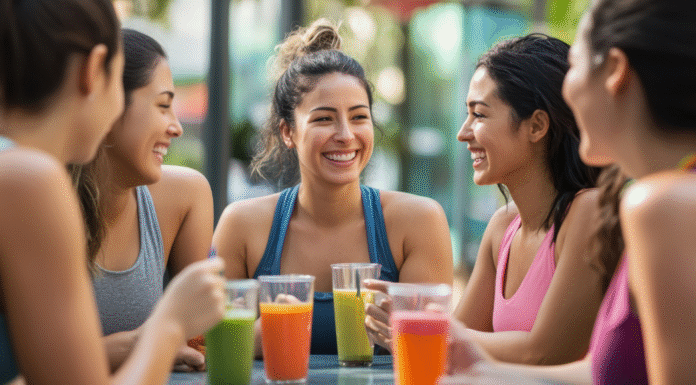 Summer friends drinking juice.