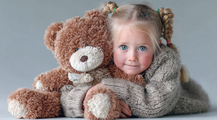 A little girl snuggling a Teddy bear.