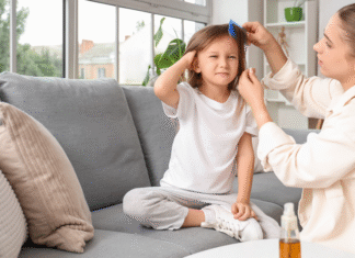 A mom checking for lice.