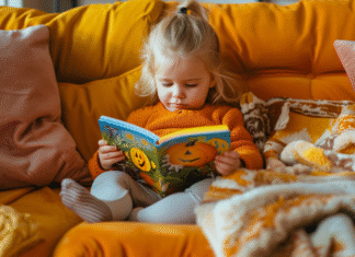 A toddler reading a Halloween book.