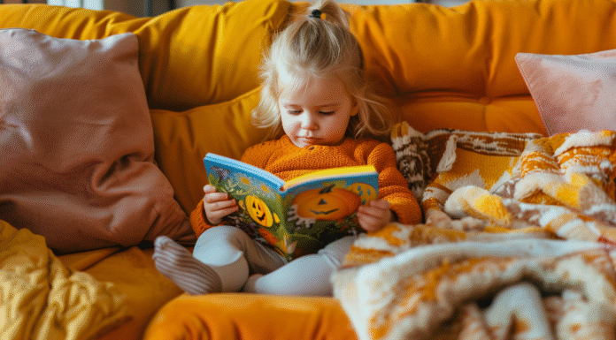 A toddler reading a Halloween book.