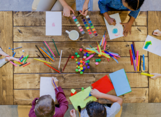 Arts and crafts on a table.