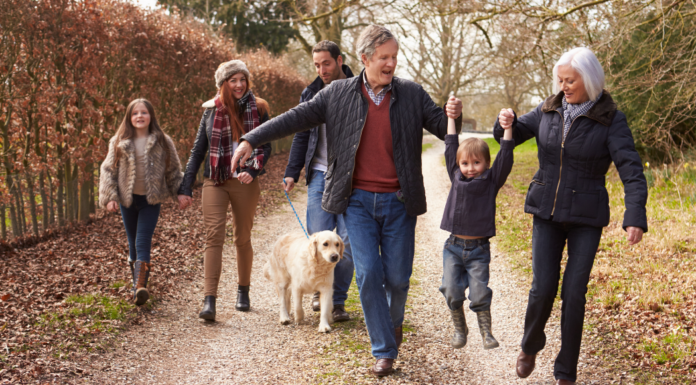 A whole family on a walk.