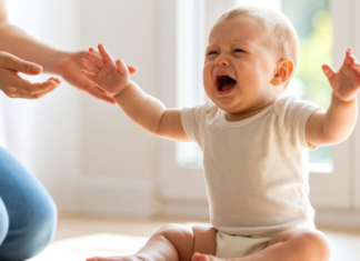 A baby crying and reaching out.