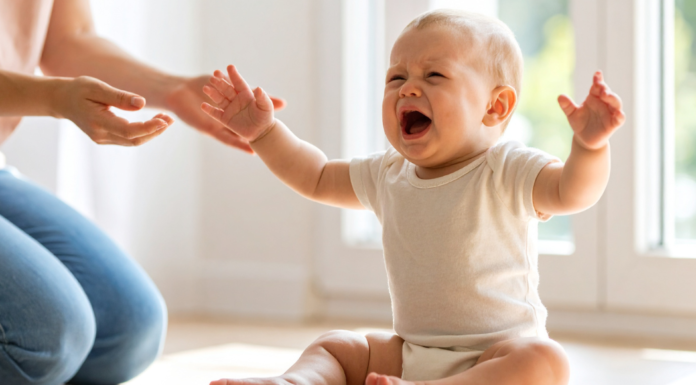 A baby crying and reaching out.