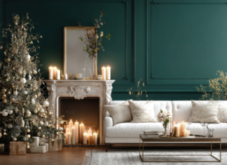 An elegantly decorated living room for Christmas.