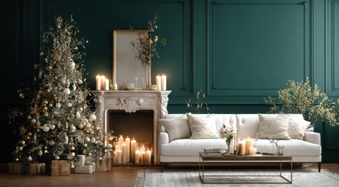 An elegantly decorated living room for Christmas.