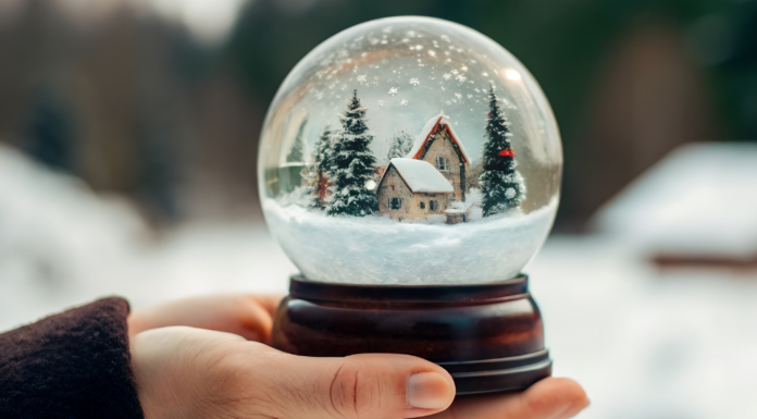 A hand holding a snow globe.
