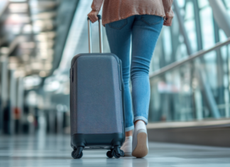 Business Travel Tips for Nursing Moms A woman walking with a suitcase at the airport.
