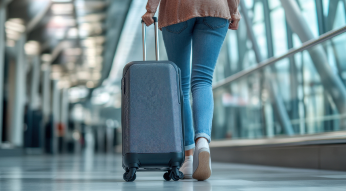 A woman walking with a suitcase at the airport.