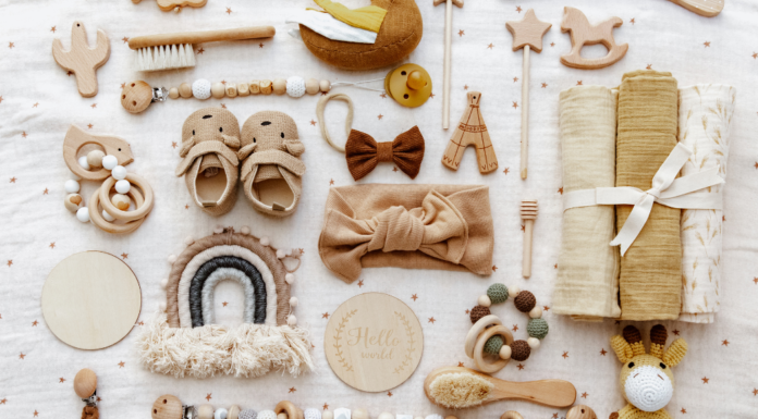Baby items laid out for sentimental reasons.