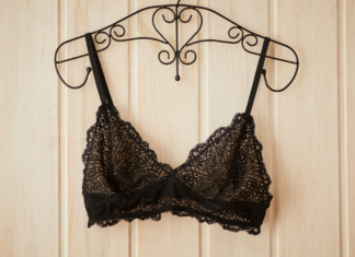 A black bra on a hanger.