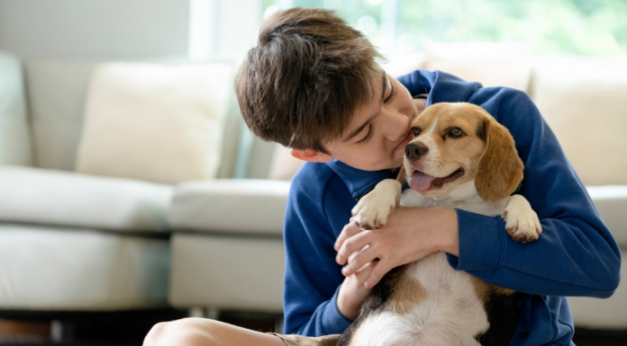 A boy kissing a puppy.