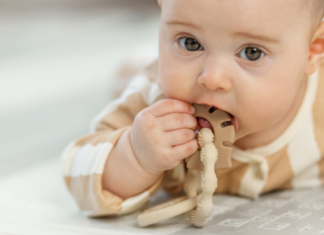 A baby chewing on a toy.
