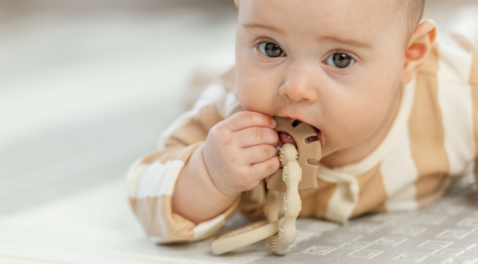A baby chewing on a toy.