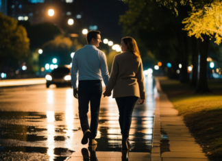 A couple walking down the street on a date night.