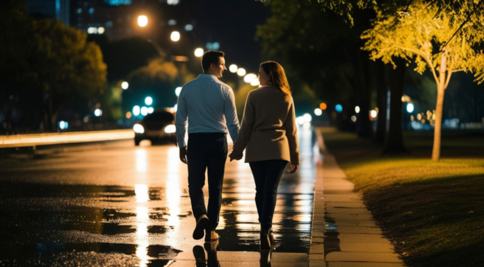 A couple walking down the street on a date night.