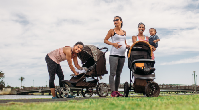 Women exercising with their babies and strollers.
