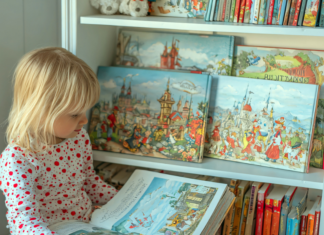 A girl reading books.
