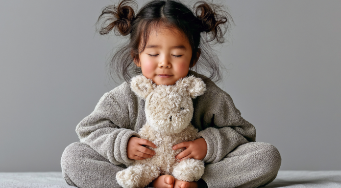 A girl holding her stuffed animal.