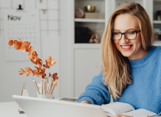 A woman on the computer.