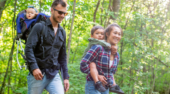 A family on a hike.