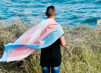 A person with a transgender flag wrapped around them.